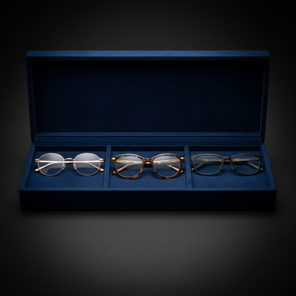 An open velvet-lined presentation box in deep midnight blue displays three distinct luxury eyewear pieces: brushed rose-gold round frames, glossy tortoiseshell cat-eye frames, and matte gunmetal rectangular frames. Each pair is meticulously aligned in its own compartment, the velvet absorbing light to make the metals and acetates gleam. Soft studio lighting from above and slightly behind traces a gentle rim of highlight along the frames and lenses, casting delicate shadows into the folds of the fabric. The surrounding surface is a smooth matte black, disappearing into a subtle vignette. Captured from a slightly elevated angle in crisp photographic realism, the mood is curated, museum-like opulence, emphasizing exclusivity and refined taste.