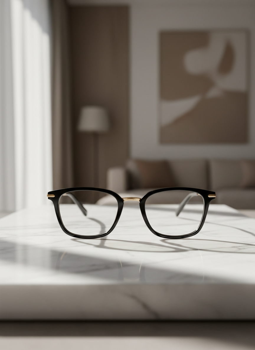 A pair of high-end black acetate eyeglasses with ultra-thin gold titanium temples rests on a flawless slab of white Carrara marble. The frames have a deep, lustrous shine, with beveled edges that catch the light like fine jewelry. Soft, diffused daylight from an unseen floor-to-ceiling window glides across the marble, creating elongated, understated shadows and subtle reflections of the lenses. In the softly blurred background, hints of a minimal, luxurious interior appear in warm taupe and champagne tones. Photographed at eye level with a shallow depth of field and photographic realism, the composition is centered and calm, evoking quiet sophistication and the idea of opulence distilled into a single, perfect pair of lenses.