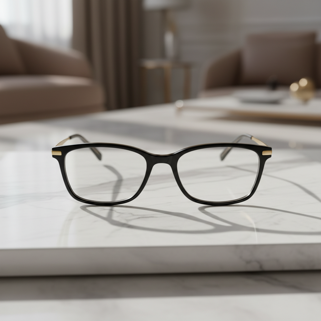 A pair of high-end black acetate eyeglasses with ultra-thin gold titanium temples rests on a flawless slab of white Carrara marble. The frames have a deep, lustrous shine, with beveled edges that catch the light like fine jewelry. Soft, diffused daylight from an unseen floor-to-ceiling window glides across the marble, creating elongated, understated shadows and subtle reflections of the lenses. In the softly blurred background, hints of a minimal, luxurious interior appear in warm taupe and champagne tones. Photographed at eye level with a shallow depth of field and photographic realism, the composition is centered and calm, evoking quiet sophistication and the idea of opulence distilled into a single, perfect pair of lenses.