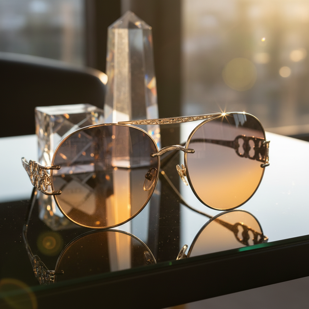 A single oversized pair of gradient-tinted sunglasses with a smoky charcoal-to-amber lens transition is placed on a reflective black glass surface. The frame is polished champagne-gold metal with sculpted bridges and finely engraved temple details, reminiscent of haute couture jewelry. Behind the sunglasses, a tall crystal prism and a faceted glass block refract light into muted, geometric highlights across the surface. Directional golden hour lighting enters from the right, creating luminous flares along the lens edges and a rich bokeh of reflections in the background. Shot in photographic realism at a three-quarter angle with an emphasis on reflections and symmetry, the composition feels cinematic and indulgent, suggesting opulence made visible through every shaded lens.