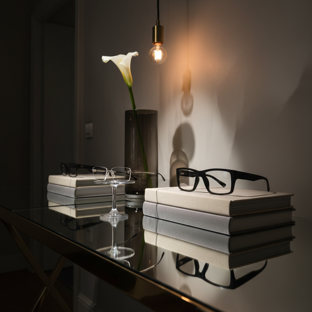 A mirrored console table in a dimly lit, high-ceilinged interior displays a curated arrangement of couture eyewear. On a slender crystal stand sits a pair of rimless, ultra-clear prescription lenses with razor-thin white-gold arms, while beside them, a sculptural pair of angular black titanium frames rests atop a stacked trio of linen-bound design books in muted cream and charcoal tones. A tall smoked-glass vase filled with a single white calla lily rises in the background, its form reflected and multiplied in the console’s surface. A single overhead pendant casts a soft, focused pool of warm light, creating layered reflections and sophisticated shadows. Photographed in photographic realism at a slightly low angle, the atmosphere is quietly dramatic, evoking a private showroom of refined, contemporary opulence.