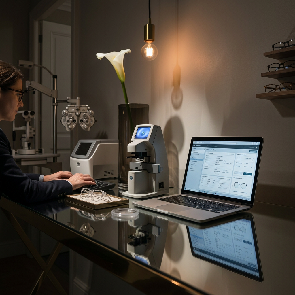 A mirrored console table in a dimly lit, high-ceilinged interior displays a curated arrangement of couture eyewear. On a slender crystal stand sits a pair of rimless, ultra-clear prescription lenses with razor-thin white-gold arms, while beside them, a sculptural pair of angular black titanium frames rests atop a stacked trio of linen-bound design books in muted cream and charcoal tones. A tall smoked-glass vase filled with a single white calla lily rises in the background, its form reflected and multiplied in the console’s surface. A single overhead pendant casts a soft, focused pool of warm light, creating layered reflections and sophisticated shadows. Photographed in photographic realism at a slightly low angle, the atmosphere is quietly dramatic, evoking a private showroom of refined, contemporary opulence.